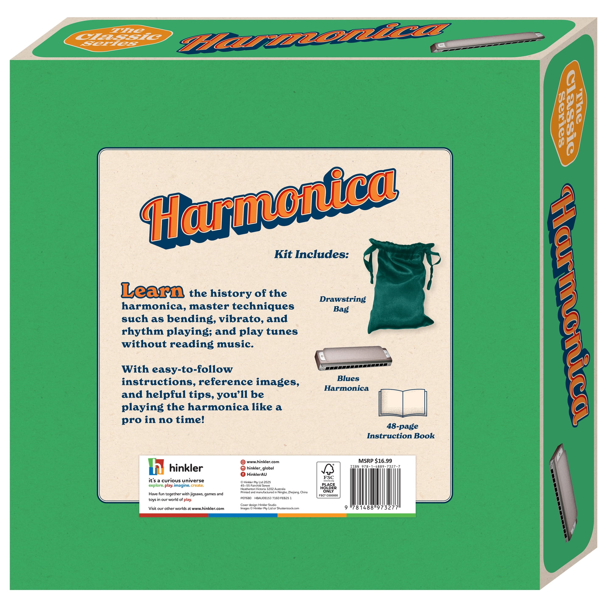 Hinkler: Retro Box - Learn Harmonica - Musical Kit, Instruction Book, Silver Blues Harmonica, Drawstring Bag, Beginners & Hobbyists, Kids-Teens-Adults