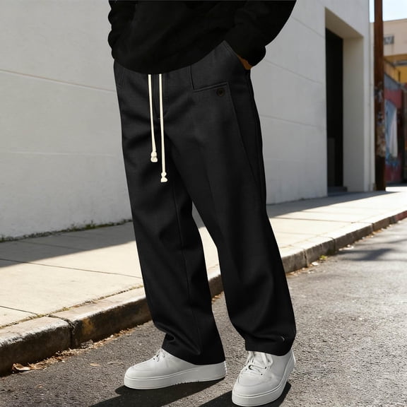 Simua Men's Solid Color Casual Loose Straight Leg Pants with Drawstring Elastic Waist Pockets for Daily Outdoor Work Versatile All Season Wear