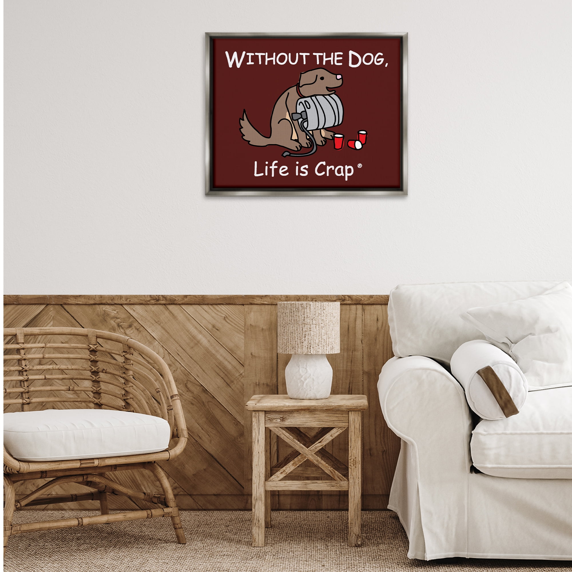 Stupell Industries Funny Dog & Keg Novelty & Humor Painting Gray Floater Framed Canvas Art Print Wall Art, 31 x 25