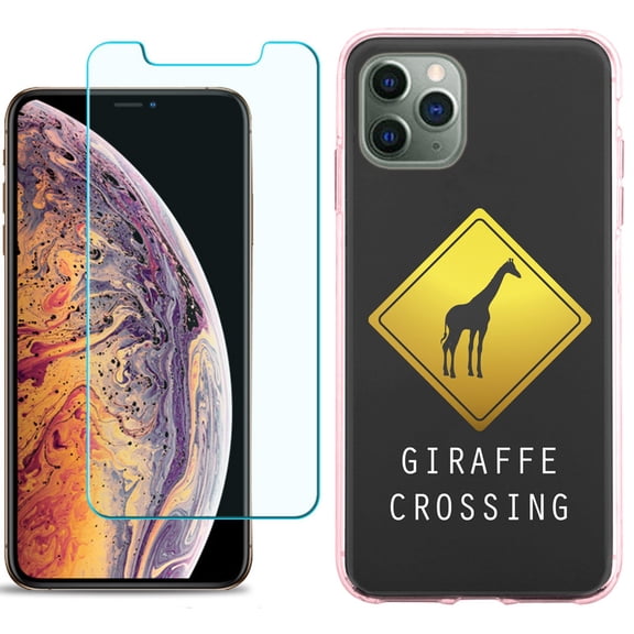 For Apple iPhone 11 PRO Case, Slim-Fit TPU Protective Phone Case (Pink Bezel) with Tempered Glass Screen Protector, by OneToughShield ® - Road Sign Giraffe