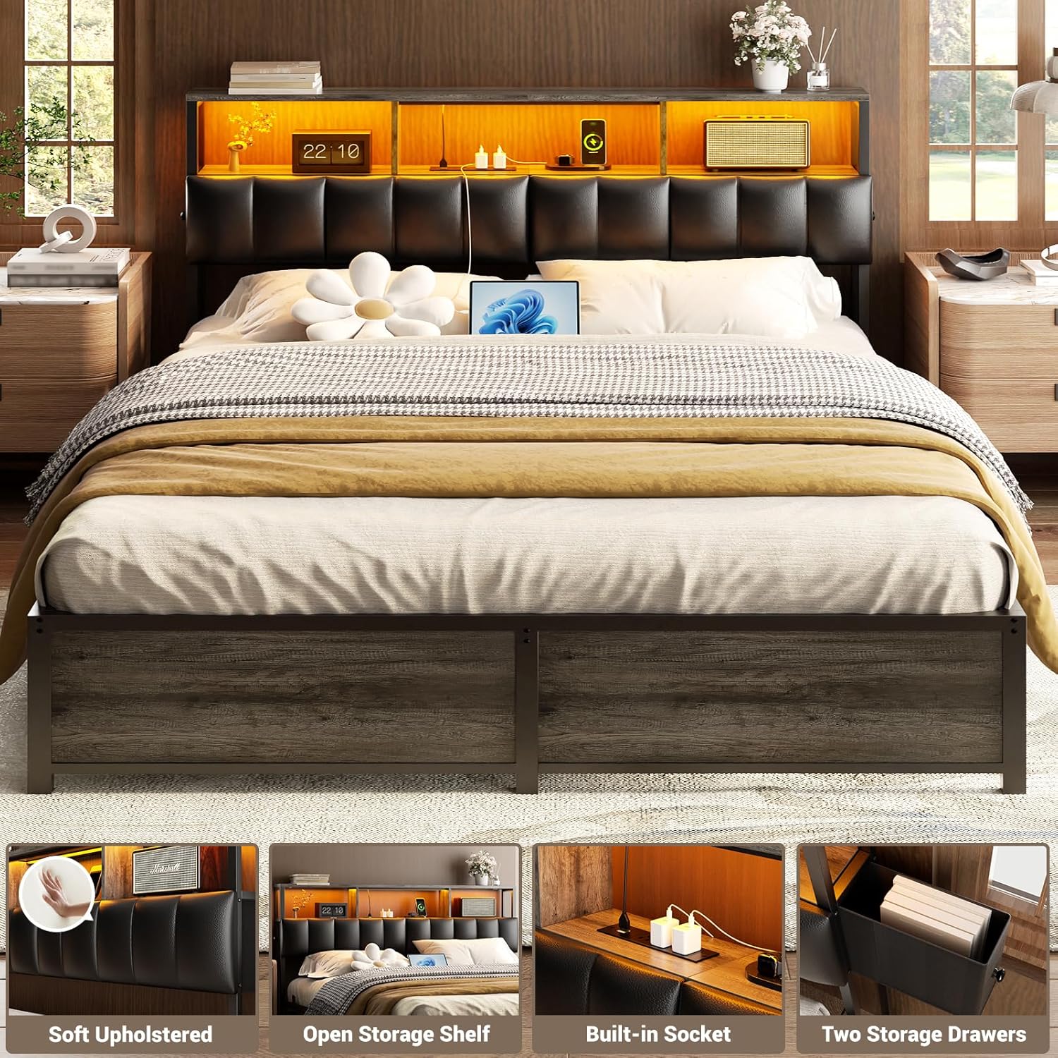 Homieasy Upholstered Queen Headboard with Hidden Drawer Storage, Headboards for Queen Size with Power Outlet and LED Light, Sturdy and Stable Headboard, Black Oak