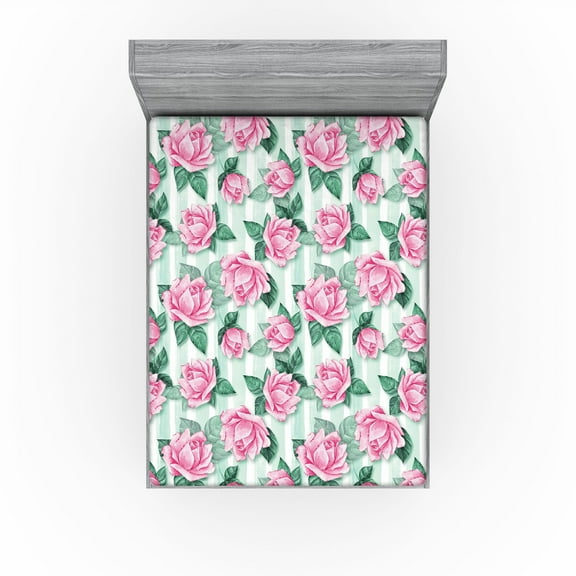Ambesonne Blooming Roses Fitted Sheet, Boho Floral Vintage, California King, Pastel Pink Jade Green