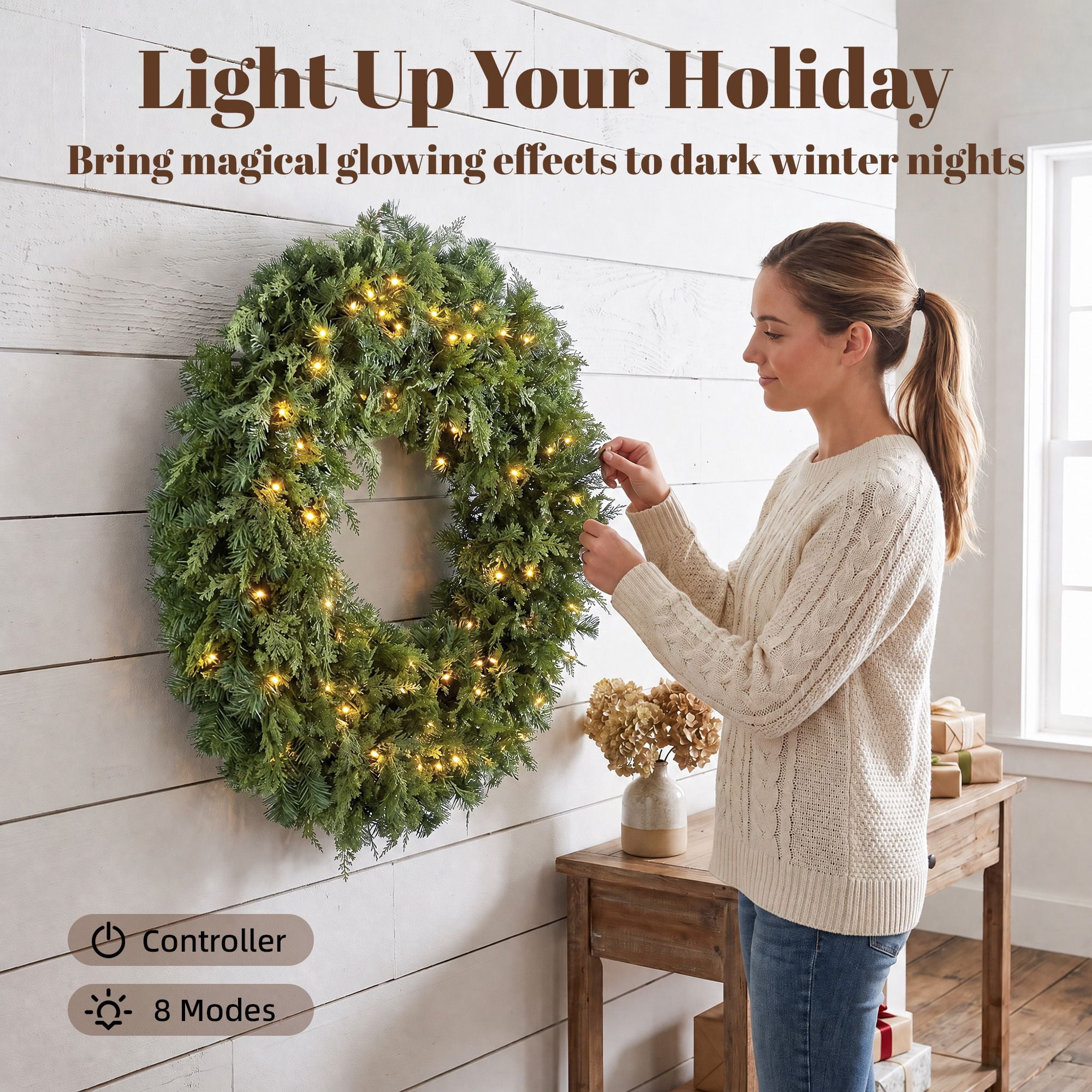 Pre-Lit Artificial Christmas Wreath, 36-Inch Cedar-Style Greenery with 100 Warm White LED Lights, 8 Lighting Modes, 360 Tips, Indoor and Covered Outdoor Holiday Decor for Front Door, Porch, or Mantel