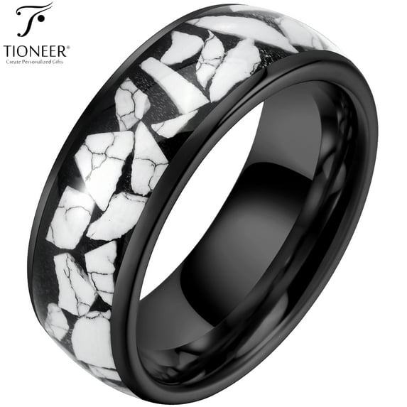 Tungsten Carbide 8mm Wedding Band in Black or Gold w/ White Turquoise Ceramic Fragments w/ Free Engraving Options