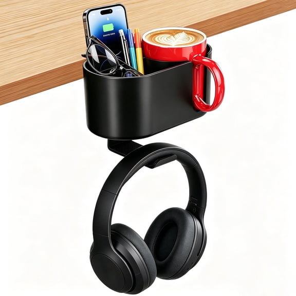 KIMERSE 4-in-1 Multi-Function Clip-on Desk Cup Holder, Detachable Desktop Organizer with Headphone Hanger for Cup, Phone and Pen Storage