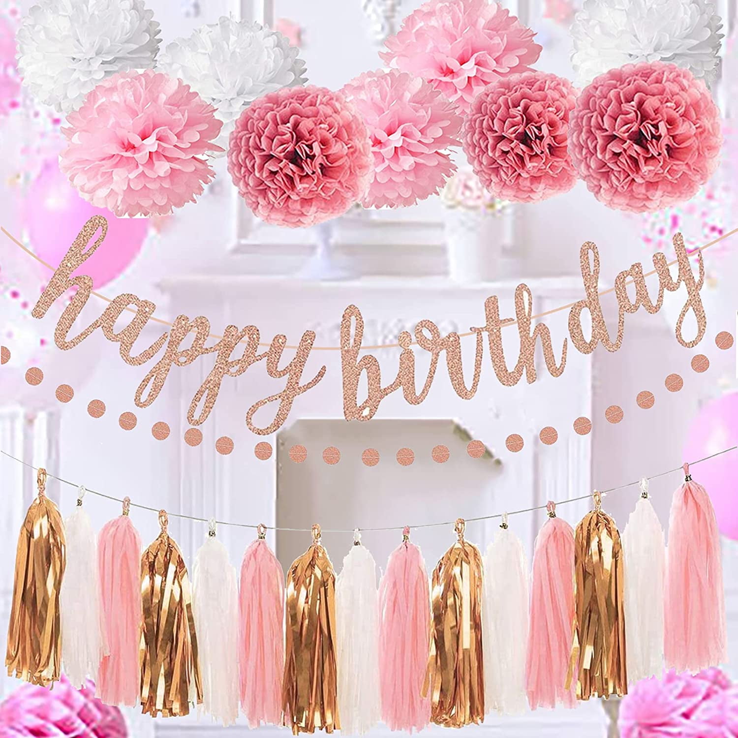 Pink Birthday Decorations for Girls and Women, Elegant Birthday