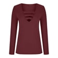 thumbnail image 4 of MIXUE Womens Summer Tops Solid Color V Neck Hollow Out Long Sleeve Fashion Casual Shirts For Women Tee Shirts Activewear,Red,XL, 4 of 6