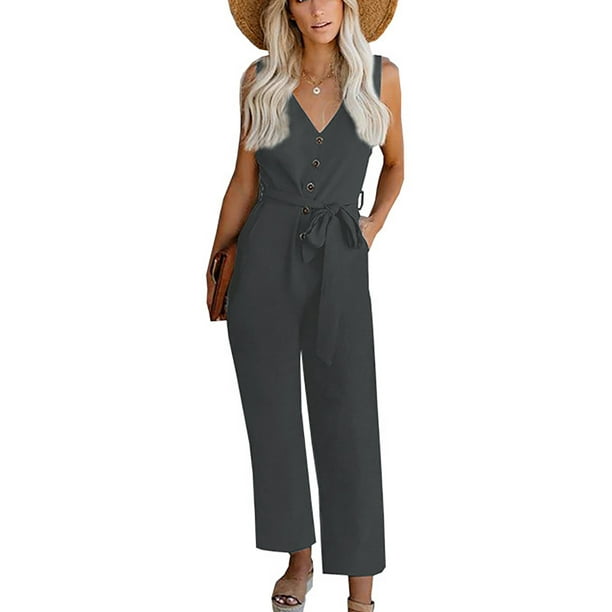 Women's Deep V Neck Rompers Wide Leg Belted Loose Jumpsuits One Piece Long  Pants