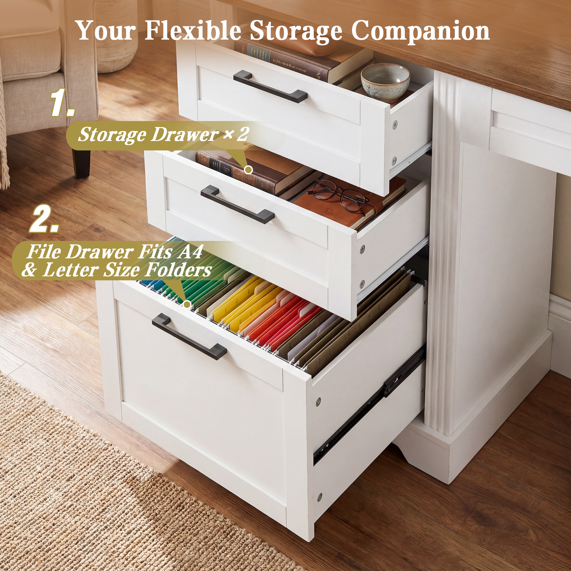 Mintazer 59" Farmhouse Office Desk with Charging Station & Storage Drawers, Computer Writing Desk with Monitor Stand & Keyboard Tray and File Cabinet for Study Living Room Home Office, White