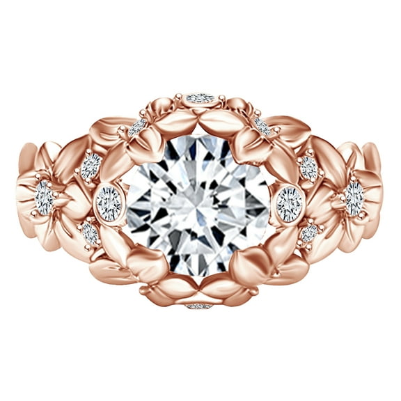 AFFY 1.16 Carat Round Shape Moissanite & Natural Diamond Anniversary Ring 14K Solid Rose Gold Ring Size-5