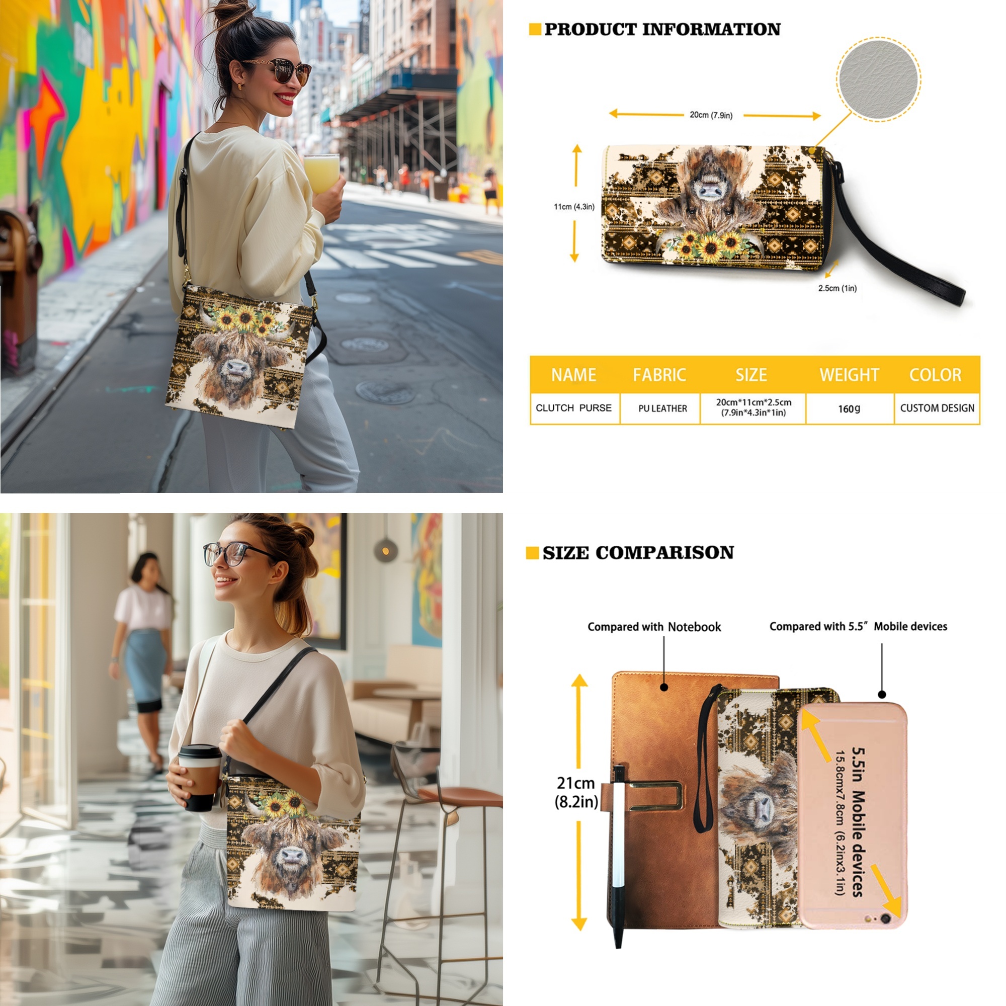 ZUXONGSY Aztec Highland Cow Sunflower Print Leather Bucket Handbag for Women Large Leather Tote Bag with Wallet Set Crossbody Bucket Bag Purse Wallet Set for Shopping Travel