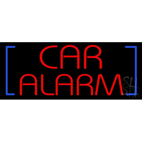 Red Car Alarm with Blue Brackets LED Neon Sign 10 x 24 - inches, Clear Edge Cut Acrylic Backing, with Dimmer - Bright and Premium built indoor LED Neon Sign for Computer & Electronics store decor.