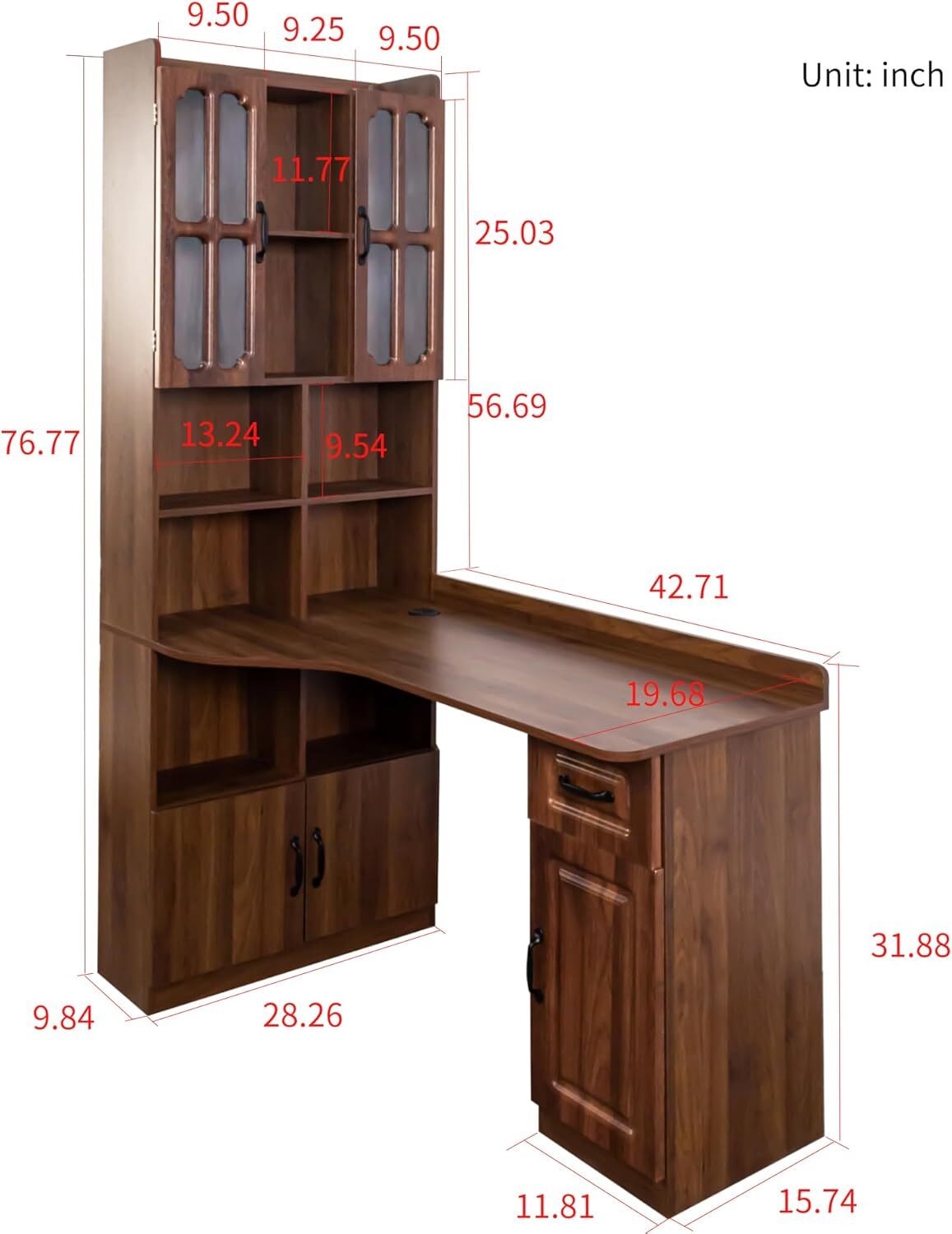 Modern L-Shaped Desk with Hutch & Bookshelf, Corner Home Office Desk with Drawers, 2-in-1 Design for Study, Executive Desk with Large Work Space, Ideal for Home Office & Study Room, Walnut