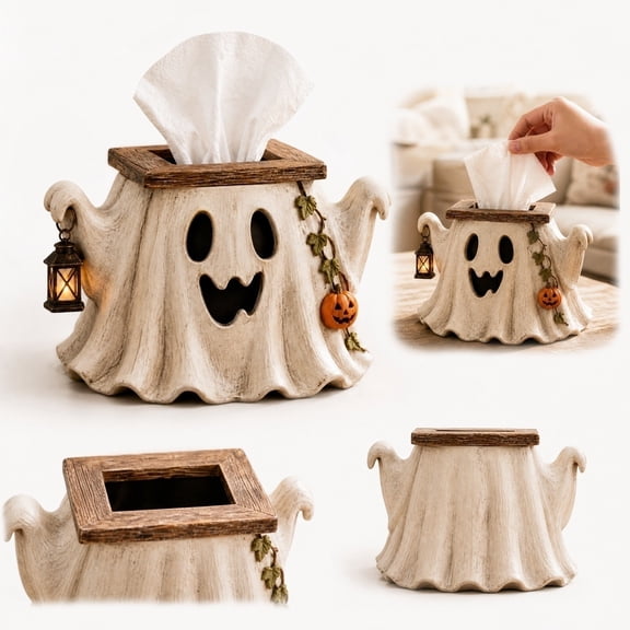 Halloween Ghost Tissue Box Cover, Cute Spooky Ghost Napkin Holder with Lantern Pumpkin Vine, Resin Decorative Tissue Holder for Bathroom Kitchen Halloween Party Table Home Decoration(1pcs)