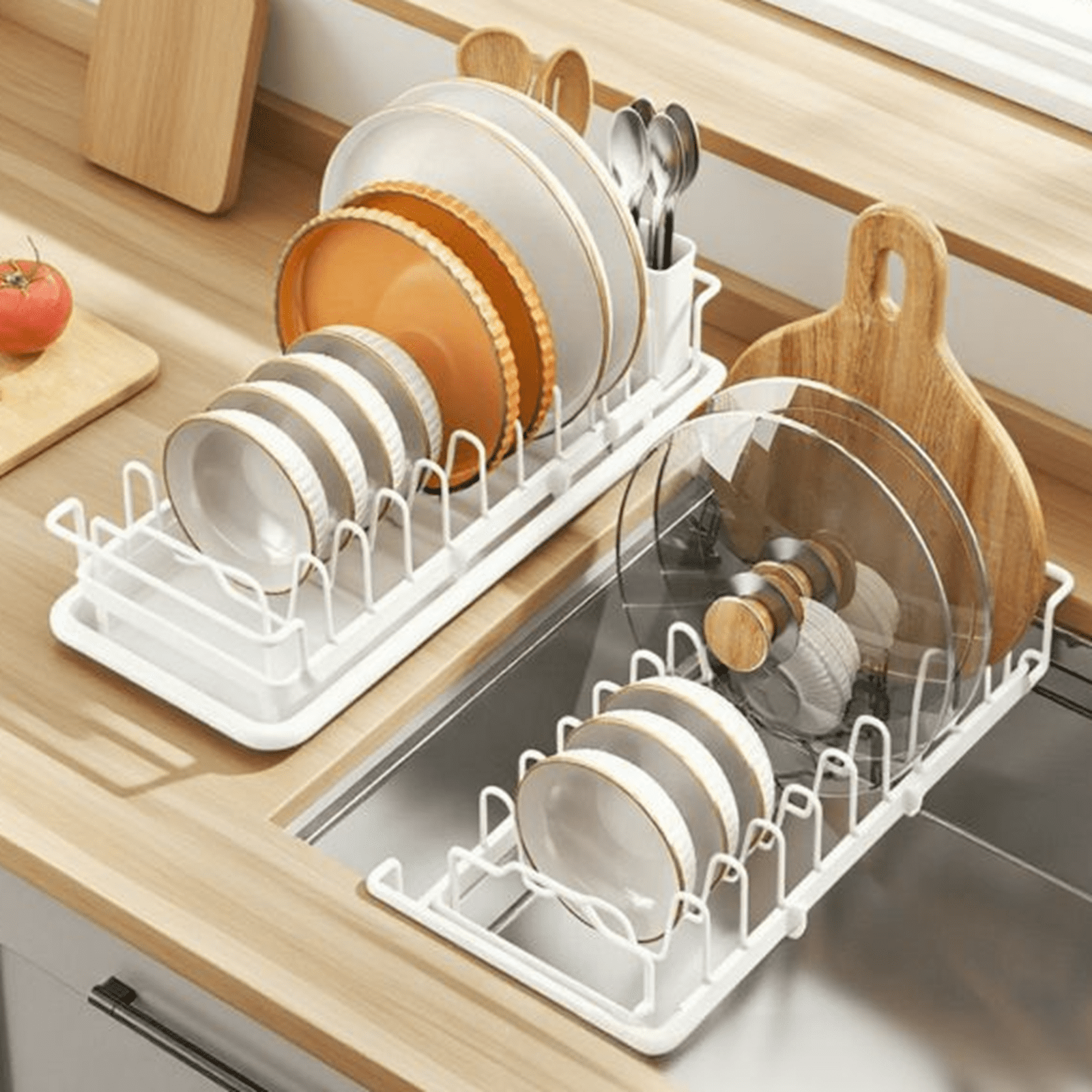 Bxaolu Sink Dish Drying Rack - Expandable Small Dish Rack Over Sinks with Drying Tray, Stainless Steel Dish Drainer for Kitchen Counter with Cutlery Holder, Drying Rack Fit 14’’-19’’ Kitchen Sink