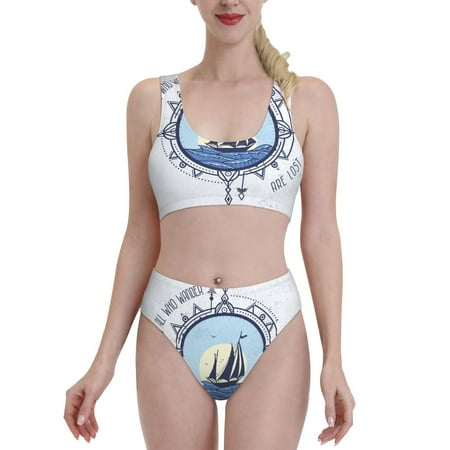 Bixox Not All Who Wander Are Lost2 Pattern Two-Piece Sports Bikini with U-Shaped Top and High-Waist Bottom - Women s Swimwear with Removable Bra Pads