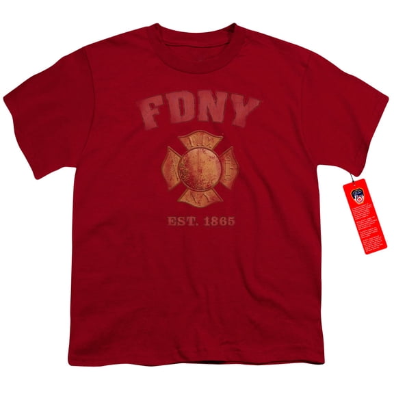 New York City Fdny Vintage Badge Youth 18/1 T-Shirt Cardinal