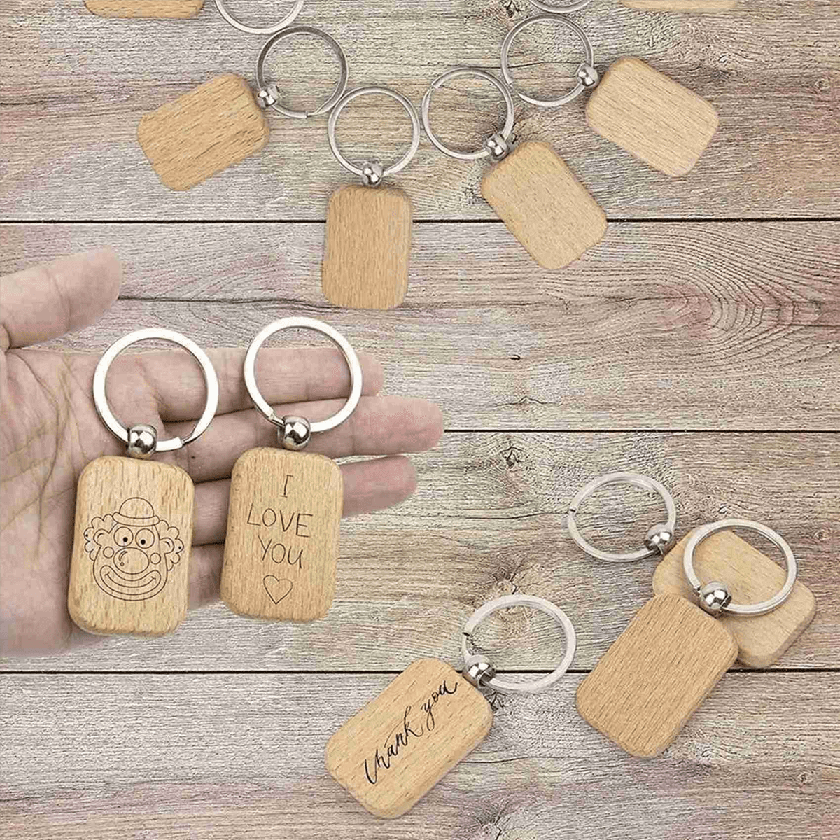 120Pcs Blank Rounded Rectangle Wooden Keychain DIY Key Tag Can Be Engraved Gift