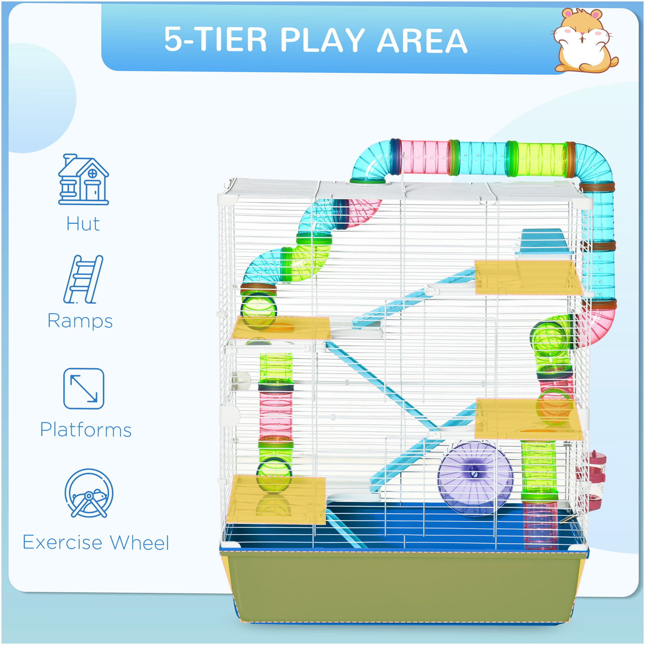 JERFIT 5-Tier Large Hamster Cage with Tubes, Exercise Wheel, Water Bottle & Food Dish, Multi-Level Habitat with Carry Handles, Ventilated Steel Frame, Blue Rat House