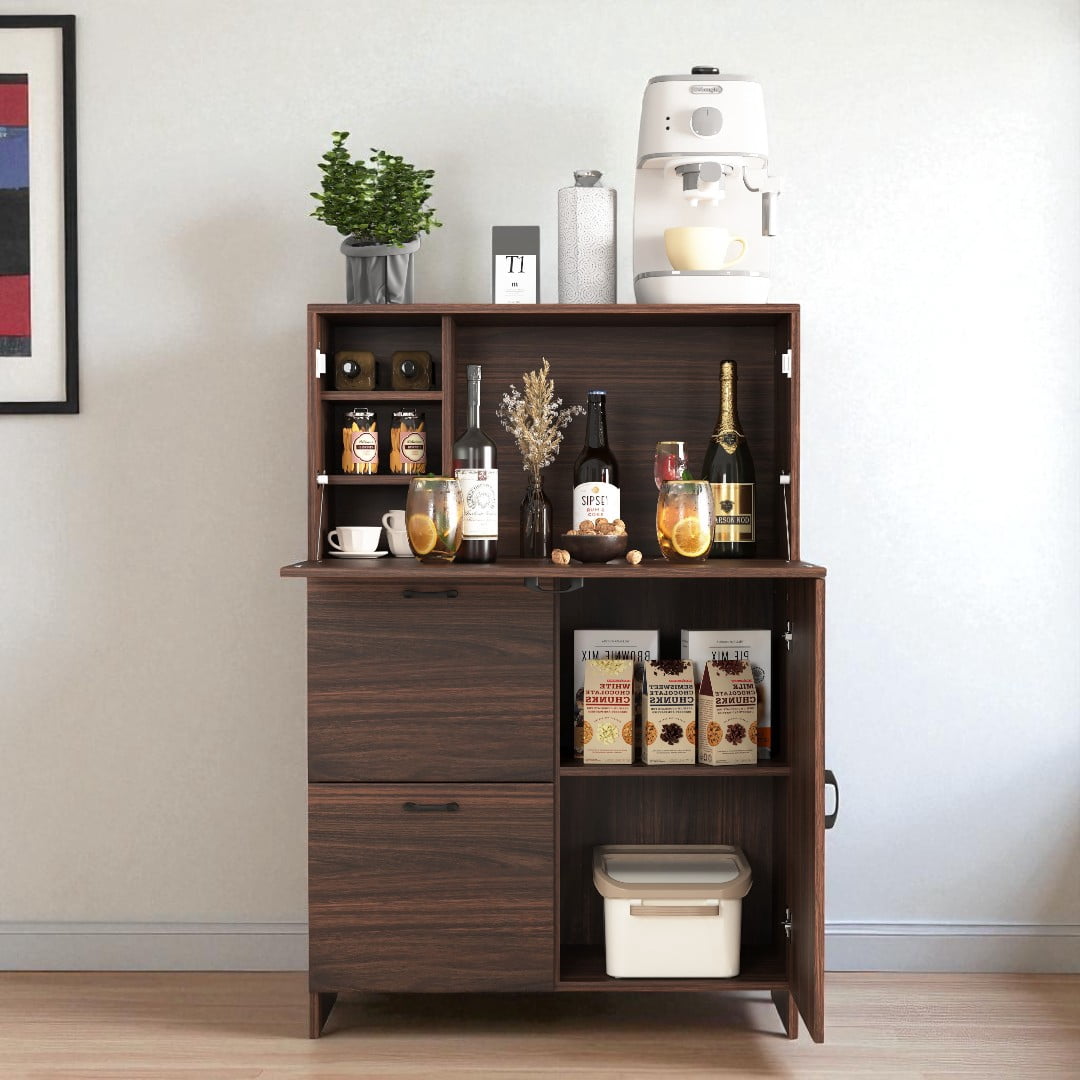 GZXS Desk Cabinet with Fold-Up Desktop, 2 Drawers & Adjustable Shelf, Modern Secretary Desk Space-Saving Organizer for Home, Office, Kitchen, Dorm (Walnut)