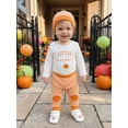 thumbnail image 6 of Loicainy Infant Baby Boy Halloween Outfits 3 6 12 18 Month Pumpkin Letters Embroidery Long Sleeve Crew Neck Romper Striped Pants and Hat Clothes Set, 6 of 8