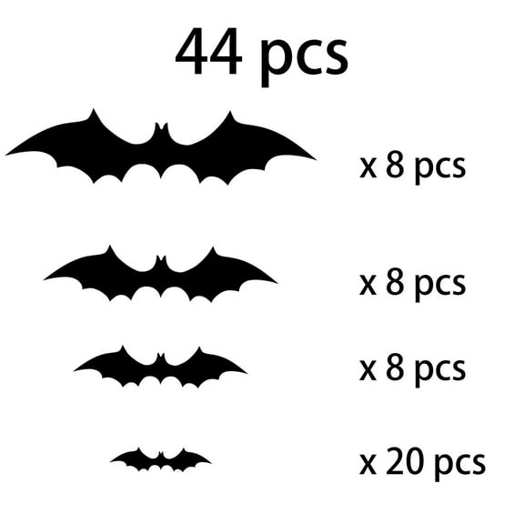 44 PCS 3D Bat Wall Decals, Removable Black Halloween Decorations for Home, Party, Office, Easy to Stick and Peel, 4 Sizes Included