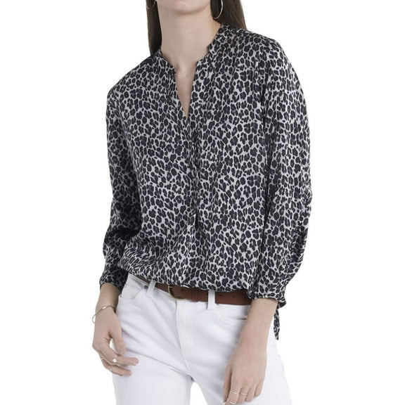 Vince Camuto Womens Ruched Sleeve Henley Blouse, Grey, X-Large
