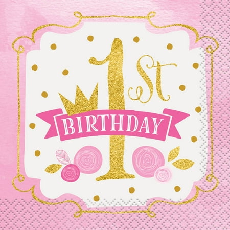- (3 Pack) Pink and Gold Girls First Birthday Beverage Napkins, 16ct