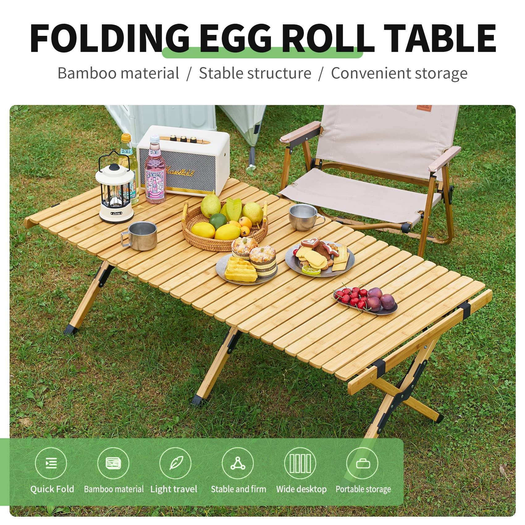 UNICOO, Bamboo Folding Picnic Table, 4 ft, Portable Indoor and