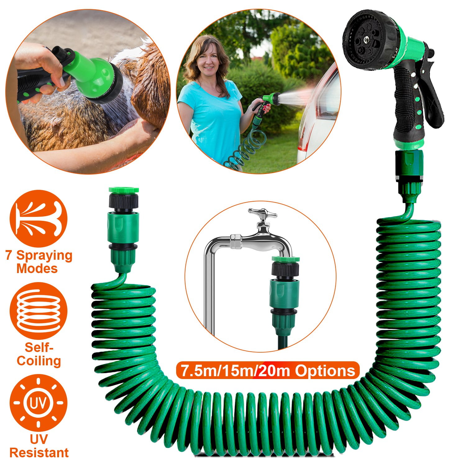 iMounTEK EVA Recoil Garden Hose Coiled Boat Hose with 3/4” and 1/2” Adapter with 7 Spraying Modes for Outdoors, Yard, Boats, Car Washing, 49.2ft