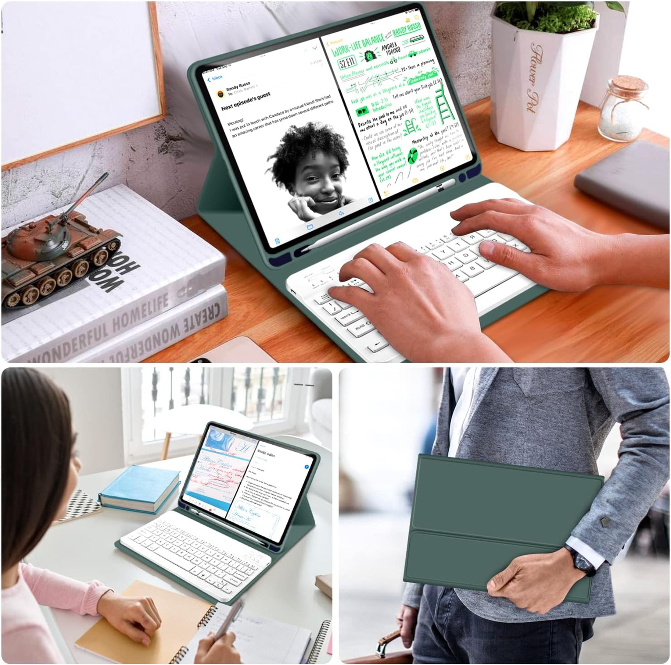 Shockproof Smart Stand Case with Pencil Holder Bluetooth Keyboard for iPad 10th Gen 10.9 inch 2022 Dark Green