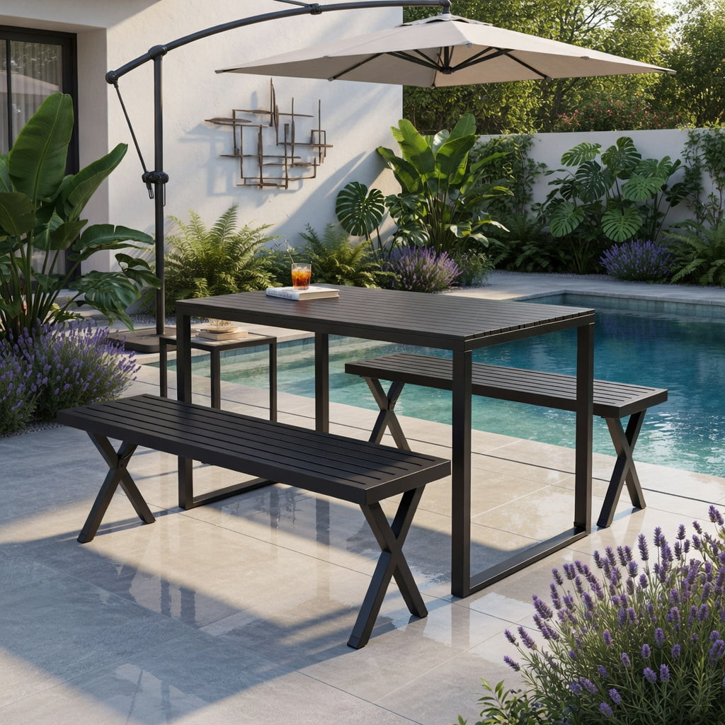 Hommoo Heavy-Duty Metal Patio Bench with Slatted Seat & X-Frame Design, 54" Outdoor Bench for Backyard, Garden, Entryway, Black