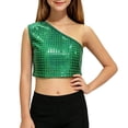 thumbnail image 2 of QHFBli Kids Square Sequin One-Shoulder Crop Tops, Shiny Grid Glitter Vests, Stage & Dance Performance Outfits for Girls Green 11-14 Years, 2 of 3