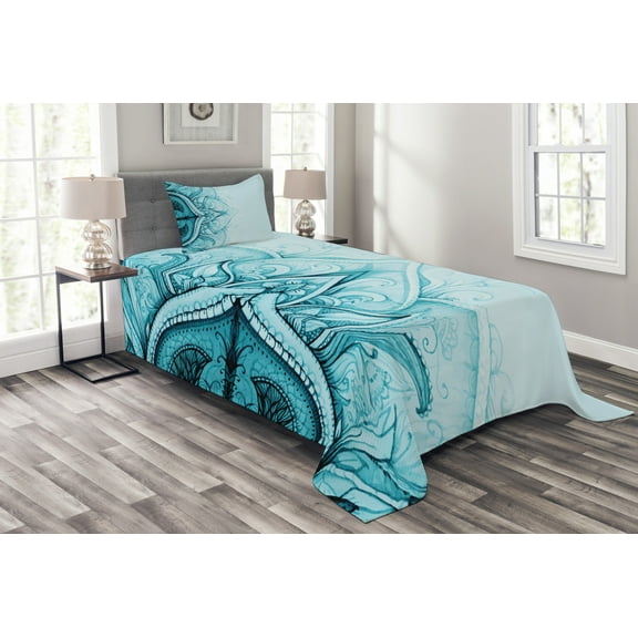 Ambesonne Mandala Quilted Bedspread Set 2 Pcs, Ornamental Lace, Twin Size, Aqua