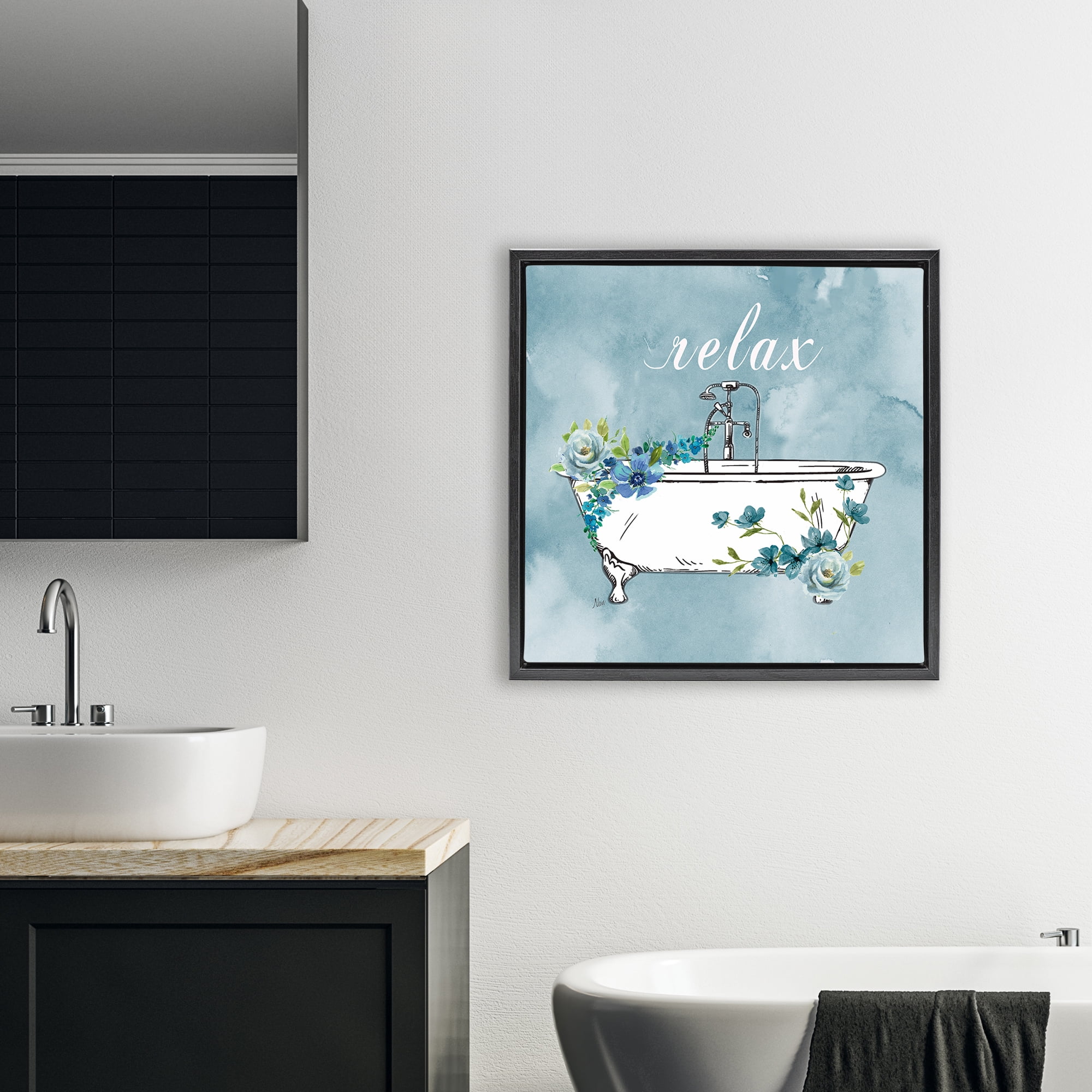 Stupell Industries Floral Bathroom Rules Relax Black Framed Floater Canvas Wall Art, design by Nan
