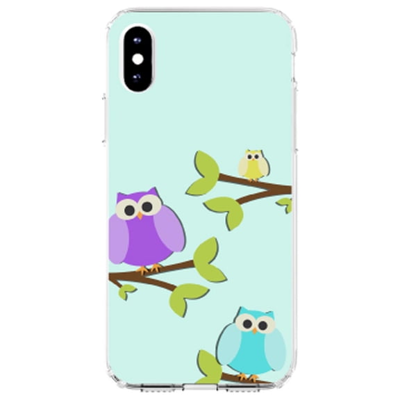 DistinctInk Clear Shockproof Hybrid Case for iPhone XS Max (6.5" Screen) - TPU Bumper, Acrylic Back, Tempered Glass Screen Protector - Blue Purple Yellow Owls - Cartoon Owls