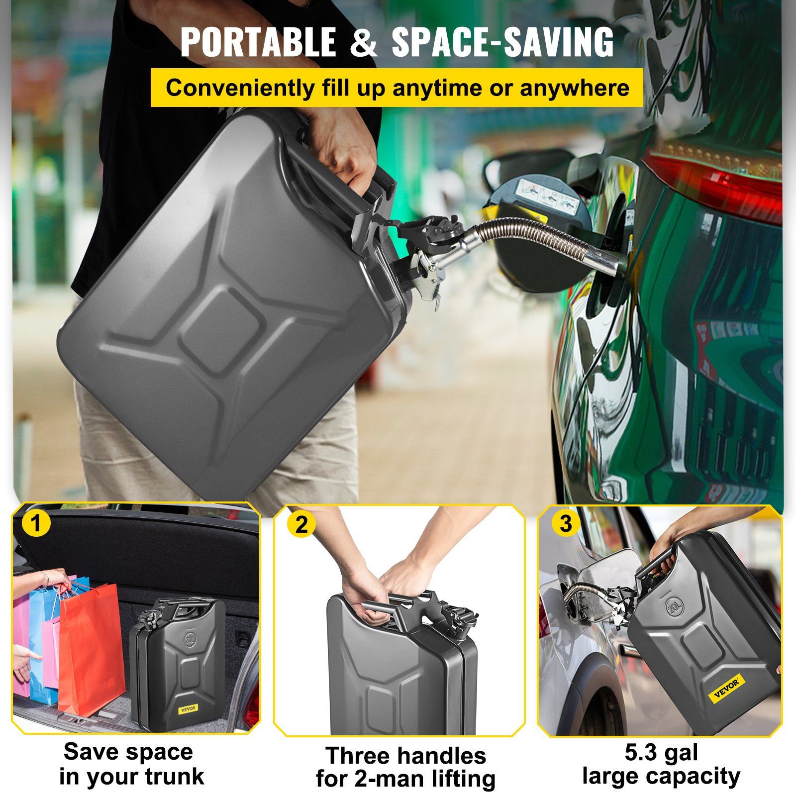 Jerry Fuel Can, 5.3 Gallon / 20 L Portable Jerry Gas Can with Flexible Spout System, Rustproof & Heat-resistant Steel Fuel Tank for Cars Trucks Equipment, Black