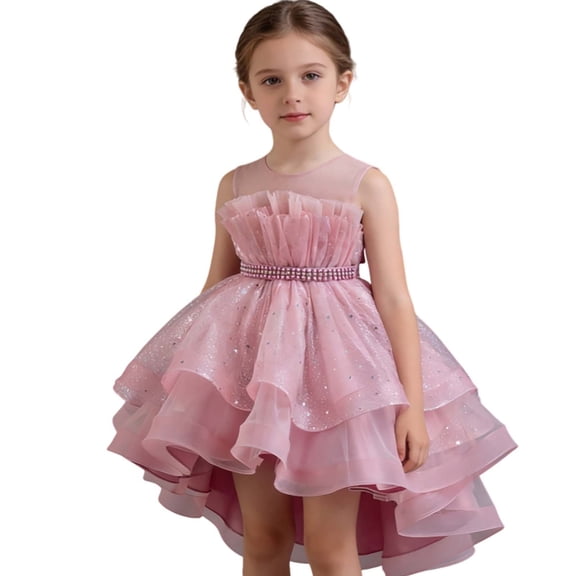 XEGLSBU Flower Girl Dress Long Sleeve 4T Girls Dress Puffy Gown Sleeveless Gown with Train for Pageant Performance Recital Party Light Pink Size 2-3 Years