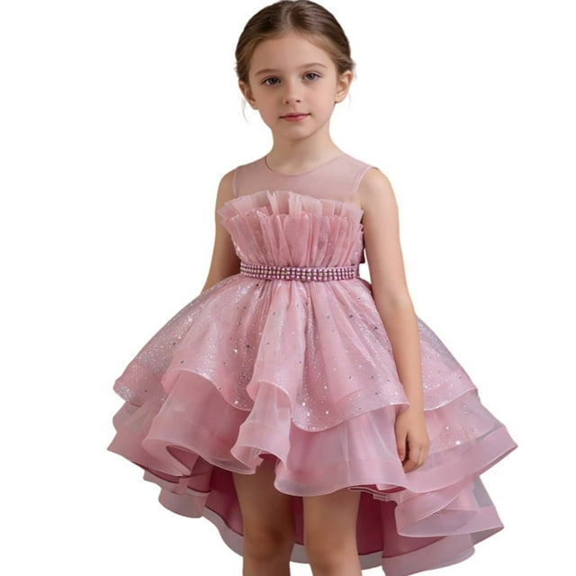 HXWCHs Robe Trapèze Filles Robe de Concours Performance Robe Bouffante Sans Manches avec Traîne pour Récital Fête Tutu Rose Pâle 2-3 Ans
