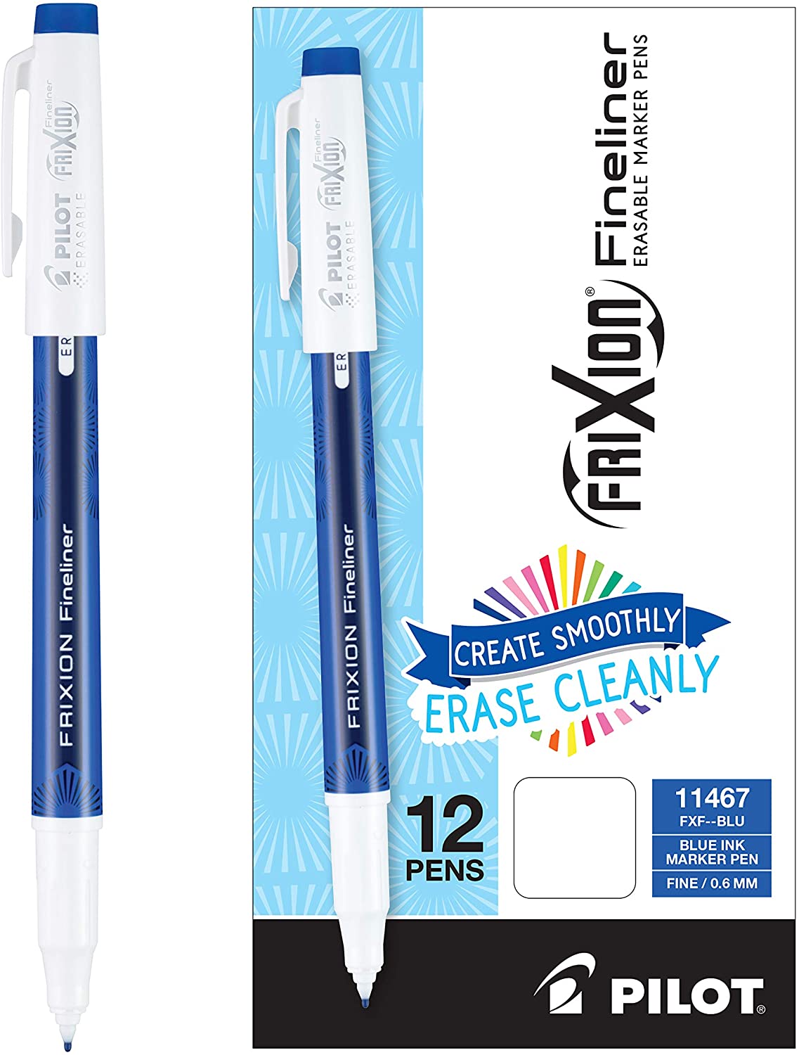 PILOT Frixion Fineliner Erasable Marker Pens, Blue Ink, 12 Count (11467