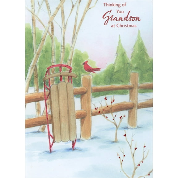 Designer Greetings Sled with Red Rails Leaning Against Wooden Fence and Cardinal Christmas Card for Grandson