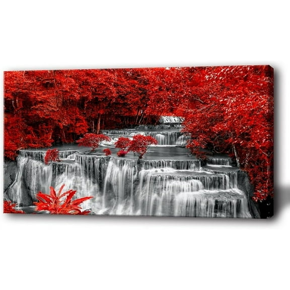 VELVET Black and White Decor Waterfall Wall Art Red Forest Scenery Painting Canvas Prints Landscape Wall Pictures for Bedroom Living Room Modern Home Decorations Large 10x8inch Framed