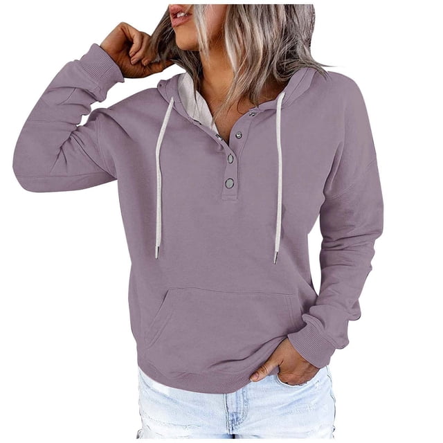 WEAIXIMIUNG Chandails en Molleton Graphiques pour Femmes Grande Taille Automne et Hiver Style de Rue à la Mode Couleur Unie Col à Boutons Poche Cordon de Serrage Chandail à Capuchon de Sport Décontracté