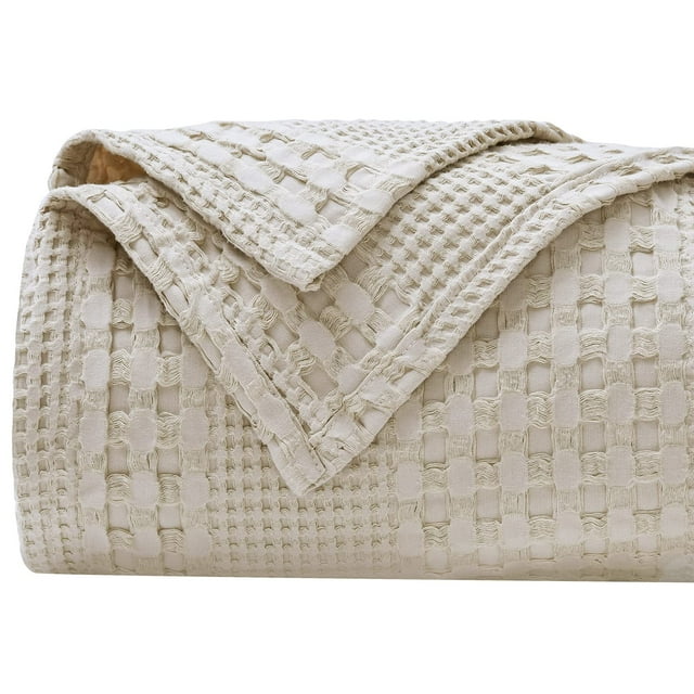 PHF 100% Cotton Waffle Weave Blanket Queen Size - Luxury Decorative Soft Breathable Skin-Friendly Blanket - Perfect Textured Blanket for Couch Bed Sofa 90"x90"-Light Khaki/Linen