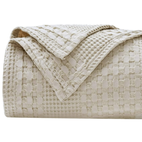 PHF 100% Cotton Waffle Weave Blanket Queen Size - Luxury Decorative Soft Breathable Skin-Friendly Blanket - Perfect Textured Blanket for Couch Bed Sofa 90"x90"-Light Khaki/Linen