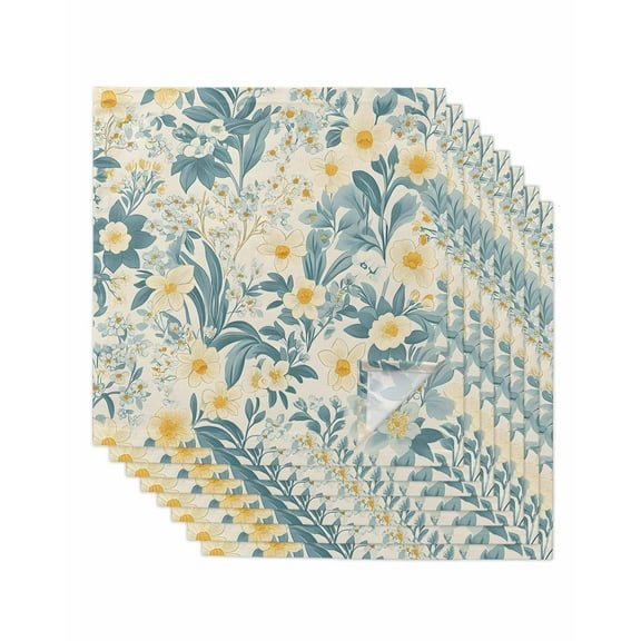 nqOlkjepod Spring Meadow Blooms Cloth Napkins Set of 8 Reusable Dinner Napkins, Teal Yellow Botanical Cocktail Napkin Washable Table Napkins for Wedding/Holiday Party/Baby Shower 20"x20"