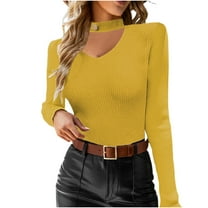 Women's Choker Neck Cutout Sweater With Button Solid Color Long Sleeve Tops Slim Fit Knitted Sweater Base Sweater