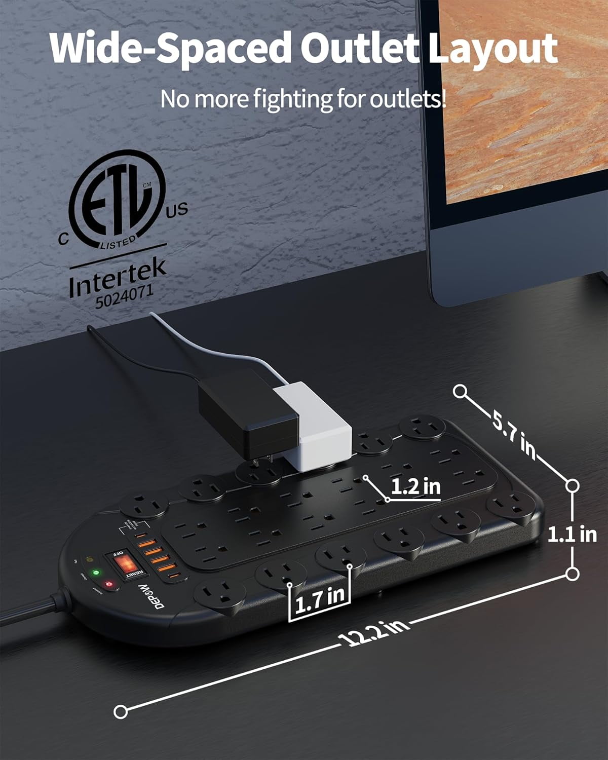 10Ft Surge Protector with 24 AC Outlets (1875W/15A) 6 USBs (2 USB-C Ports), 3,400 Joules, Heavy Duty Flat Plug Extension Cord, Wall Mountable for Home, Office, Black, ETL Listed