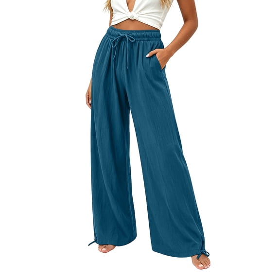 SAWOBUUN Womens Wide Leg Pants Drawstring High Waisted Flowy Palazzo Trousers Ankle Tie Lightweight Lounge Pants