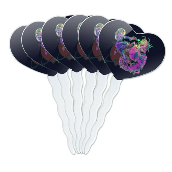 Science Fiction Space Woman and Alien Heart Love Cupcake Picks Toppers Decoration Set of 6